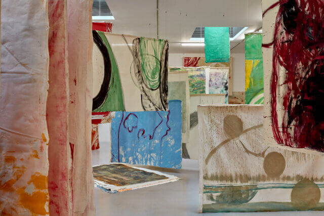 Installation views of Vivian Suter, 'Tintin's Sofa,' at Camden Art Centre, 2020