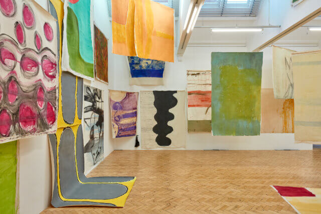 Installation views of Vivian Suter, 'Tintin's Sofa,' at Camden Art Centre, 2020