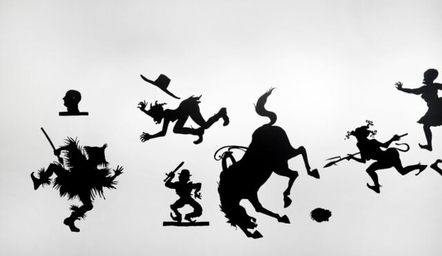Installation view of 'Kara Walker: We at Camden Arts Centre are Exceedingly Proud to Present an Exhibition of Capable Artworks by the Notable Hand of the Celebrated American, Kara Elizabeth Walker, Negress.' at Camden Art Centre, 2013 - 2014. Photo: Marcus J Leith