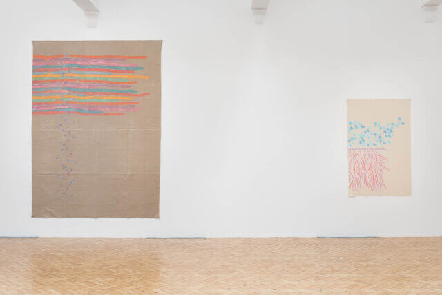 Installation view of Giorgio Griffa, 'A Continuous Becoming,' Camden Art Centre, 2018. Photo: Mark Blower