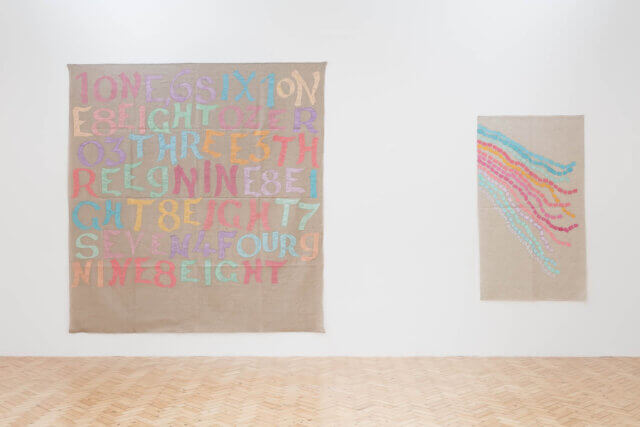 Installation view of Giorgio Griffa, 'A Continuous Becoming,' Camden Art Centre, 2018. Photo: Mark Blower