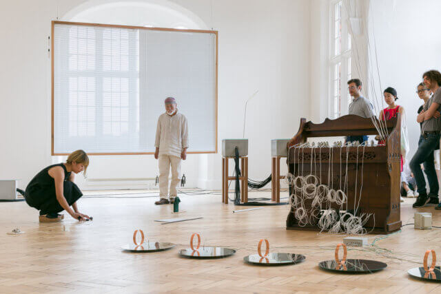 Akio Suzuki performance as part of the Yuko Mohri exhibition 'Voluta,' at Camden Art Centre, 2018. Photo: Mark Blower.