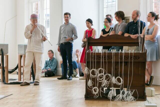 Akio Suzuki performance as part of the Yuko Mohri exhibition 'Voluta,' at Camden Art Centre, 2018. Photo: Mark Blower.