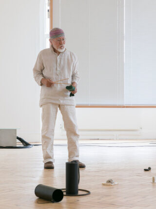 Akio Suzuki performance as part of the Yuko Mohri exhibition 'Voluta,' at Camden Art Centre, 2018. Photo: Mark Blower.