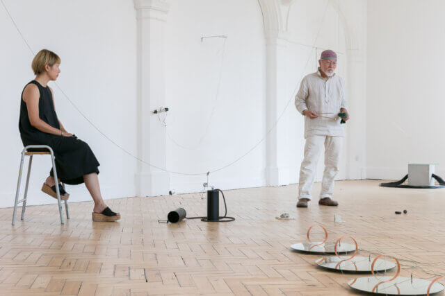 Akio Suzuki performance as part of the Yuko Mohri exhibition 'Voluta,' at Camden Art Centre, 2018. Photo: Mark Blower.