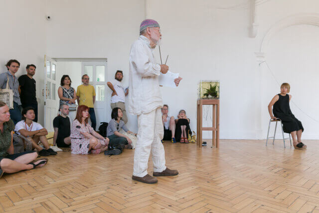 Akio Suzuki performance as part of the Yuko Mohri exhibition 'Voluta,' at Camden Art Centre, 2018. Photo: Mark Blower.