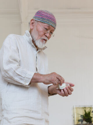 Akio Suzuki performance as part of the Yuko Mohri exhibition 'Voluta,' at Camden Art Centre, 2018. Photo: Mark Blower.