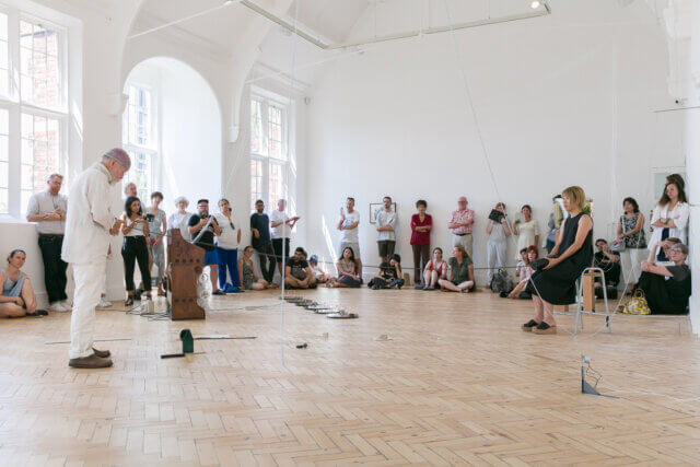 Akio Suzuki performance as part of the Yuko Mohri exhibition 'Voluta,' at Camden Art Centre, 2018. Photo: Mark Blower.