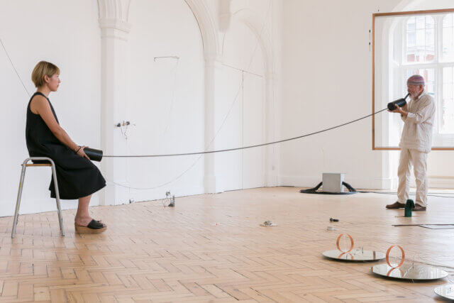 Akio Suzuki performance as part of the Yuko Mohri exhibition 'Voluta,' at Camden Art Centre, 2018. Photo: Mark Blower.