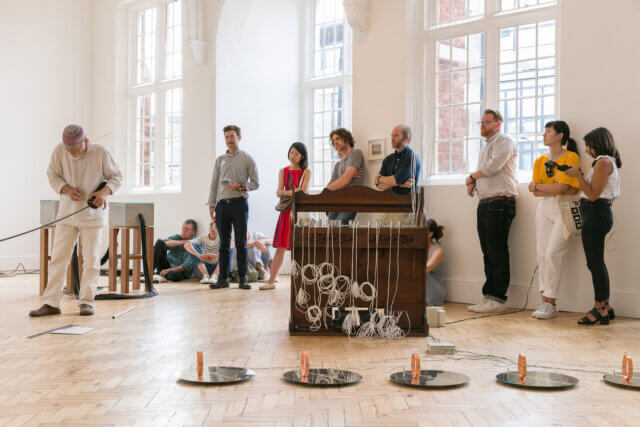 Akio Suzuki performance as part of the Yuko Mohri exhibition 'Voluta,' at Camden Art Centre, 2018. Photo: Mark Blower.
