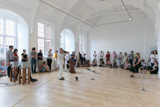 Akio Suzuki performance as part of the Yuko Mohri exhibition 'Voluta,' at Camden Art Centre, 2018. Photo: Mark Blower.
