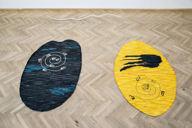 Jennifer Tee, Crystalline Floorpiece / Oval / Blue, Crystalline Floorpiece / Oval / Yellow, 2014, Occult Geometry, Kunsthal Charlottenborg, DK, 2014, Courtesy the artist and Galerie Fons Welters, Amsterdam