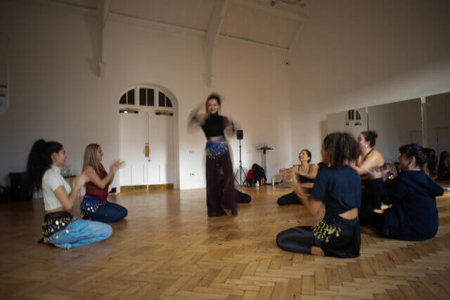 Belly dancing workshop with Deniz Ünal, Camden Art Centre, 2021. Photo credit:  Nelta Kasparian