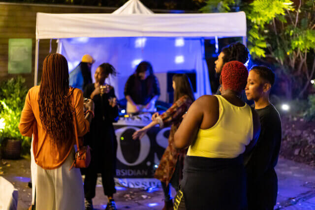 Exhibition preview with Black Obsidian Sound System (B.O.S.S.), Camden Art Centre, 2021. Photo credit: Rob Harris.
