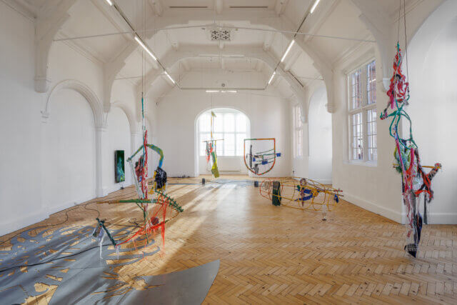 Installation view of Julien Creuzet 'Too blue, too deep, too dark we sank (...)' at Camden Art Centre, 2022. Photo: Rob Harris