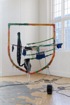 Installation view of Julien Creuzet 'Too blue, too deep, too dark we sank (...)' at Camden Art Centre, 2022. Photo: Rob Harris