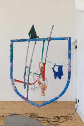Installation view of Julien Creuzet 'Too blue, too deep, too dark we sank (...)' at Camden Art Centre, 2022. Photo: Rob Harris