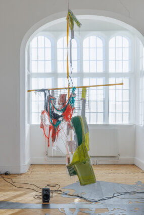 Installation view of Julien Creuzet 'Too blue, too deep, too dark we sank (...)' at Camden Art Centre, 2022. Photo: Rob Harris