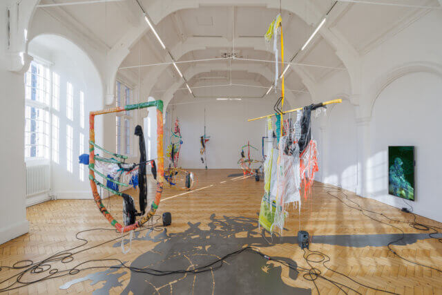Installation view of Julien Creuzet 'Too blue, too deep, too dark we sank (...)' at Camden Art Centre, 2022. Photo: Rob Harris