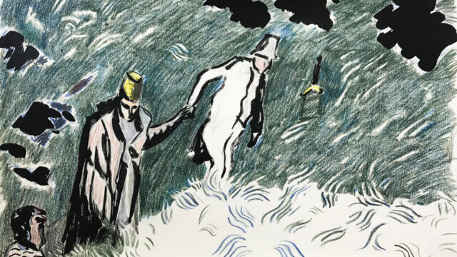 A drawing of a green landscape with a group of hunched figures moving across it.
