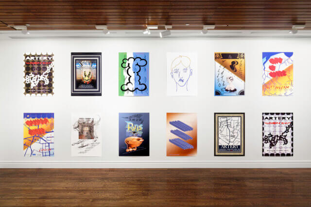 Installation view of Allison Katz, 'Artery Posters 2012 – 2021' at Canada House, 2022. Photo: Eva Herzog. Courtesy of the artist.