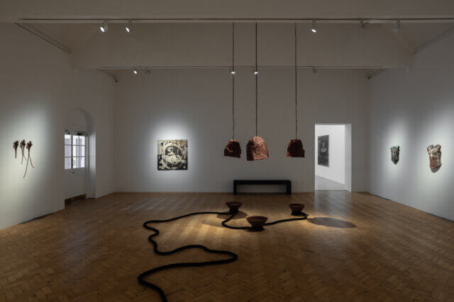 Installation views of Phoebe Collings-James, 'A Scratch! A Scratch!,' at Camden Art Centre, 2021. Photo: Rob Harris.