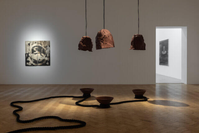 Installation views of Phoebe Collings-James, 'A Scratch! A Scratch!,' at Camden Art Centre, 2021. Photo: Rob Harris.