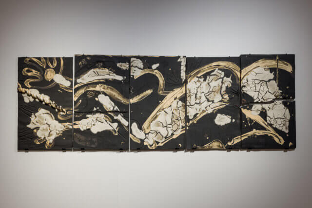 Installation views of Phoebe Collings-James, 'A Scratch! A Scratch!,' at Camden Art Centre, 2021. Photo: Rob Harris.