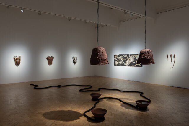 Installation views of Phoebe Collings-James, 'A Scratch! A Scratch!,' at Camden Art Centre, 2021. Photo: Rob Harris.
