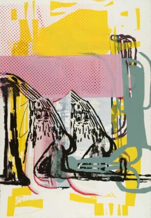 Amy Sillman, Dub Stamp (11A), 2018.
One from a multi-part series of double-sided acrylic, ink, and silkscreen works on paper, 152.5 × 101.5 cm. Photo: John Berens.