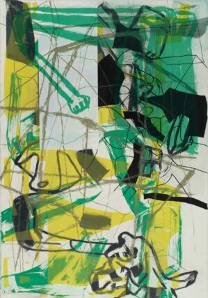 Amy Sillman, Dub Stamp (8C), 2018. From a multi-part series of double-sided acrylic, ink, and silkscreen works on paper, 152.5 × 101.5 cm. Photo: John Berens.