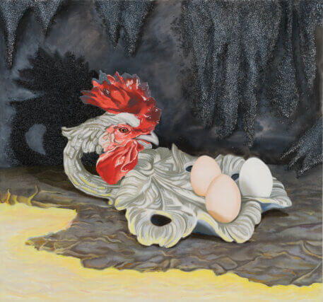 Allison Katz, The Cockfather, 2021. Oil, acrylic and rice on linen. 140 x 150 cm
Photo: Plastiques