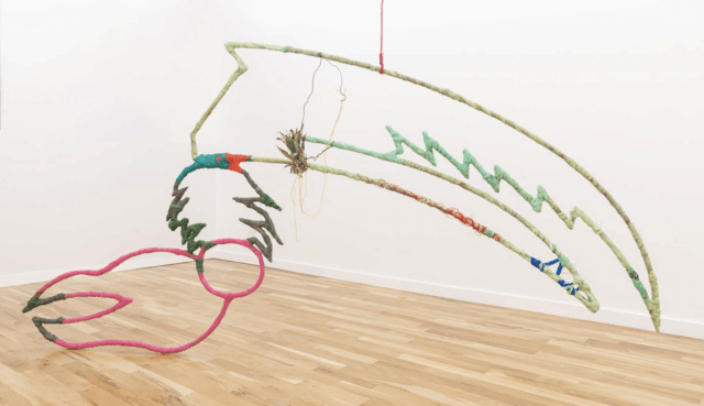 Julien Creuzet, Distant, the oral songs of youth buried, in the DNA of the bones, a little remnant, a little pain, we remember when walking slowly in the field of old ravaging reeds. The smell is imprinted in the most ancestral dreams, 2020. Metal, plastic, pineapple, approx. 63 x 130 x 20 cm. Courtesy of the artist and High Art, Paris / Arles