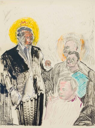 Walter Price, When jeezus came to town, 2020. Acrylic, gesso, oil, colour pencil, sharpie, graphite on tagboard. 61 × 45.7 cm