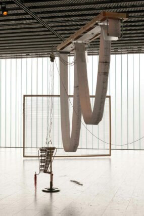 Yuko Mohri, I/O 2011–13. Mixed media. Installation view at Sendai Mediatheque, Miyagi, Japan, 2013. Courtesy the artist and Sendai Mediatheque