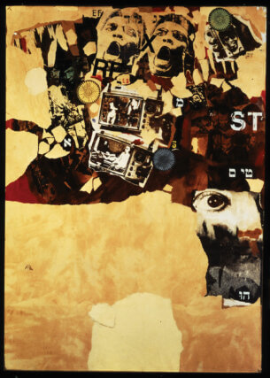 Wallace Berman, Papa’s Got a Brand New Bag 1964. 109 ✕ 78cm, Mixed media collage.
Collection of David Yorkin and Alix Madigan. © The Estate of Wallace Berman