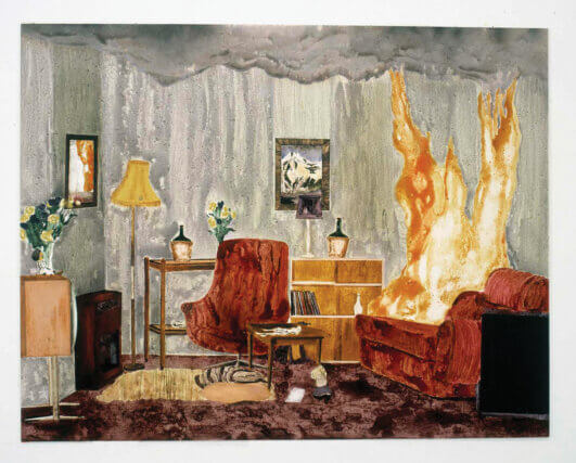Karin Mamma Andersson, Gone for Good, 2006.
Acrylic on oil on panel, 122 ✕ 160 cm. © the artist. Courtesy of Magnus Karlsson, Stockholm; Stephen Friedman Gallery, London; and David Zwirner, New York