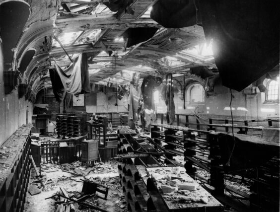 Hampstead Central Library (now Camden Art Centre Gallery 1) after WWII bombings.
© Camden Local Studies & Archives.