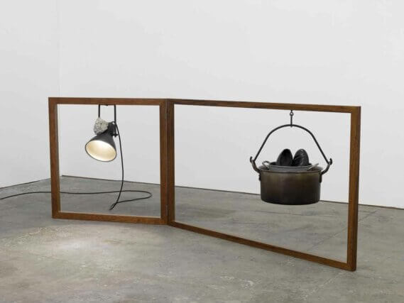 Phillip Lai. Untitled, 2011 / wood, varnish, lamp, concrete, leather shoes, cooking pots / 217 × 81 × 34cm.