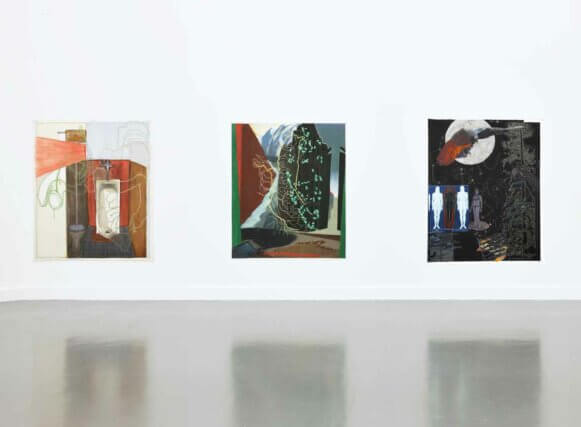 Installation view, Jo Baer, Linda Benglis, Jutta Koether, Trio Exhibition, Van Abbemuseum, 2009.
 
From left to right: Shrine of the Piggies (The Pigs Hog it All and Defacate and Piss on Where From They Get It...), 2000, Oil on canvas, 191 × 161 cm; Testament of the Powers that Be (Where Trees Turn to Sand, Residual Colours Stain the Lands, 2001, Oil on canvas, 183 × 153cm; Memorial for an Art World Body (Nevermore), 2009, Oil on canvas, 183 × 160 cm.