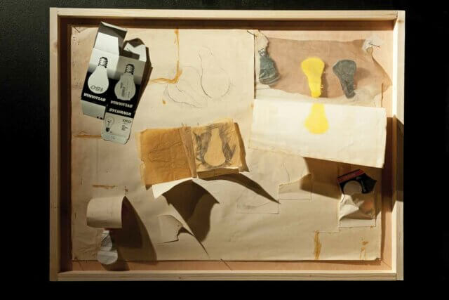 Malcolm Le Grice Castle light-bulb collage 1965 (with additions in 2011), paper collage on wooden frame © the artist