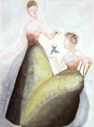 Mathilde Rosier, Two Girls and a Frog 2005. Watercolour on paper, collage. 160 ✕ 106 cm. Courtesy Deutsche Bank Collection © the artist
