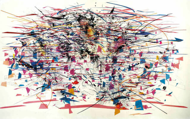 Julie Mehretu, Renegade Delirium, 2002. Acrylic on canvas. 225 ✕ 360 cm. Courtesy White Cube, London