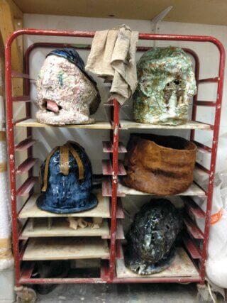 Five completed works in the artist’s studio. Photo: Jesse Wine