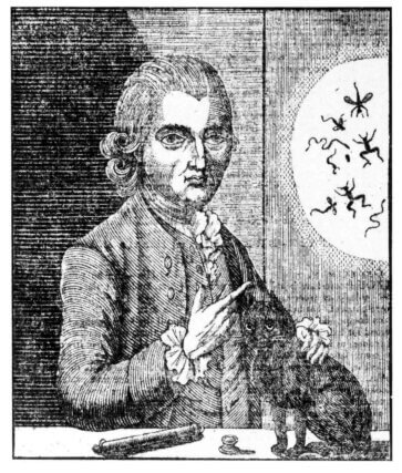 The Prussian empiric and conjurer ‘Colonel’ Gustavus Katterfelto (1743–99) attributed the potency of his solar microscope to a necromantic black cat whose fur emitted alarming electrical sparks and whose tail appeared and vanished at will (European Magazine, June 1783). Courtesy the Dawes Collection.