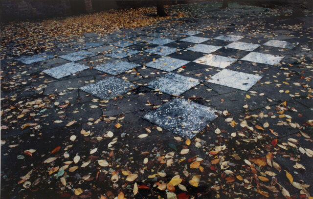 Shelagh Wakely, Rainsquare, 1994, Aluminium leaf on glass patterned by falling rain,
280  ×  280 cm. Courtesy ROOM Artspace, London.