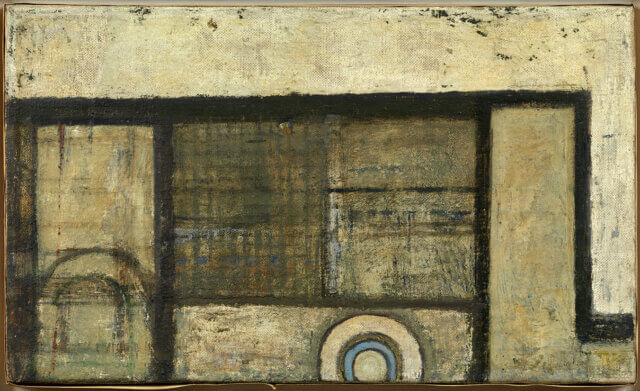 Prunella Clough, Landscape with Cable, 1957 Oil on canvas. Courtesy Private Collection © Osborne Samuel Gallery, London.