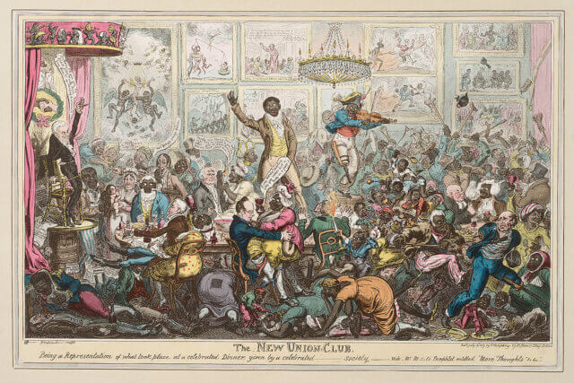 George Cruikshank, 'The New Union Club (detail)' (1819). Etching with engraving and publisher’s colouring. © National Maritime Museum, Greenwich, London. 