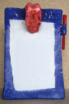 Emma Hart, Clipboard (detail from Dirty Looks), 2013.
Ceramic. Courtesy the artist.