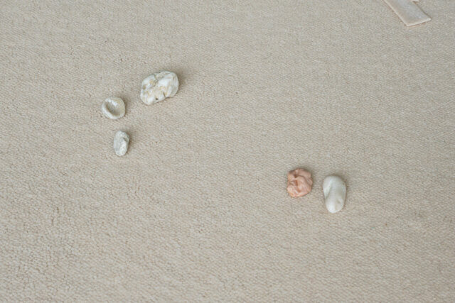 Nina Canell, Interiors (Elsewhere), 2013
Chewing gum, stones, wrapping, floor carpet. Courtesy the artist, Konrad Fischer Galerie, Mother’s Tankstation and Galerie Wien Lukatsch. Photography by Robin Watkins.